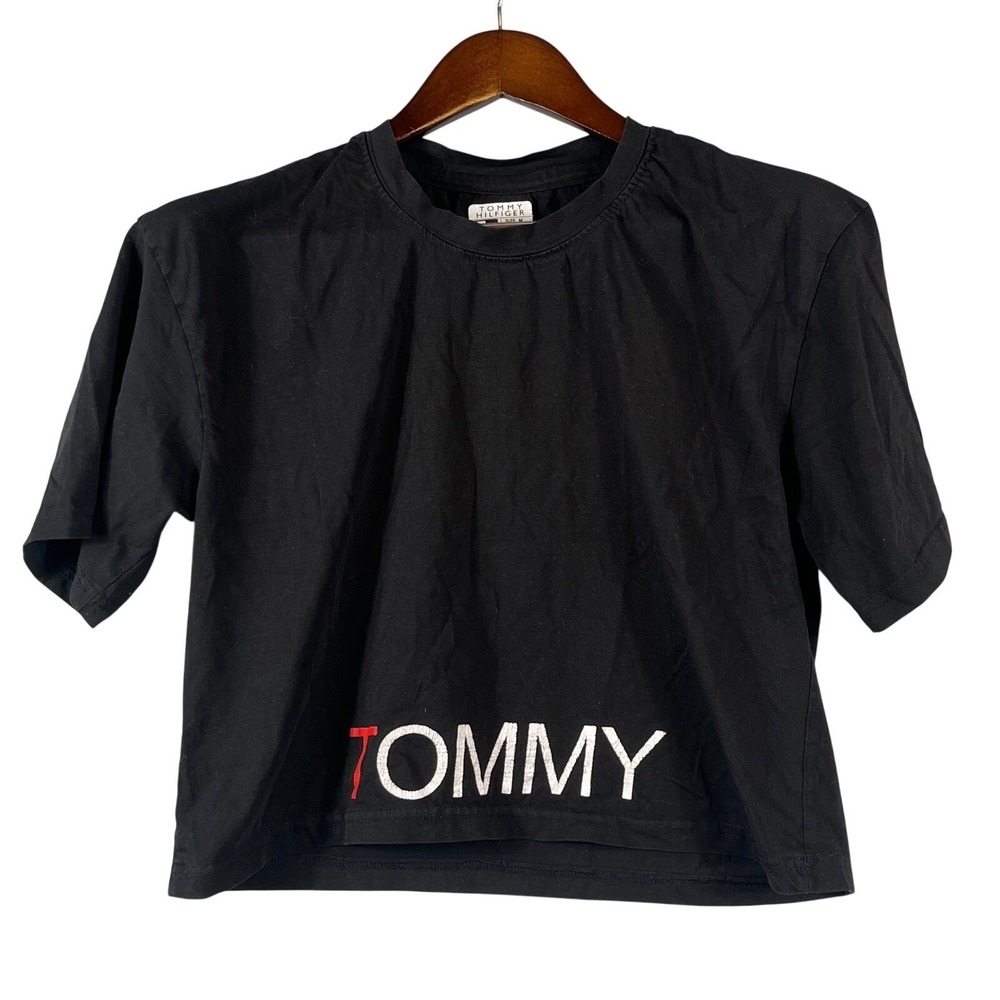 Tommy Hilfiger Womens M Cropped Tee Logo Hem Crewneck Black Streetwear Y2K Chic